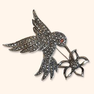 Vintage Avon Red Eye Hummingbird Flower Pin Silver Tone Bird Rhinestones